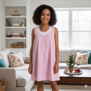 Vintage Simply Basic Womens Size 1X Nightgown Pink Cherry Gingham Pajamas Sleep